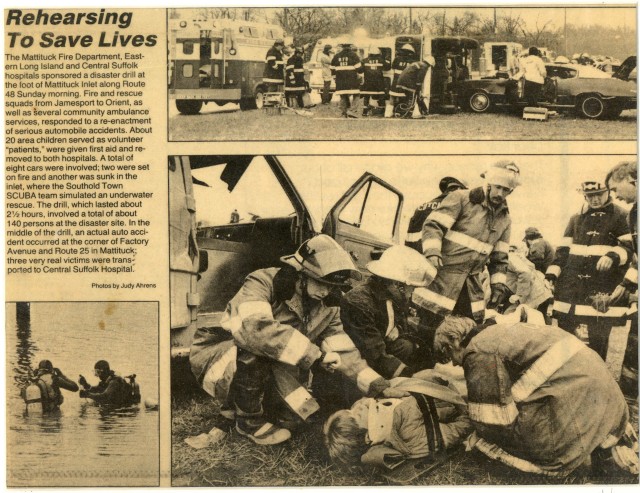 Disaster Drill - 1987 CFD firefighters are pictures bottom right.  Clockwise from left: Firefighters Andrew Fohrkolb, Unknown, Doug Wieczorek, Dale Butler, Tom Martin, Larry Behr, and Victim William Brewer